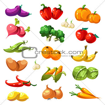 Fruits and Vegetables. Organic Food Icons Vector
