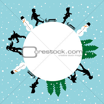 Winter round card with silhouettes of children playing
