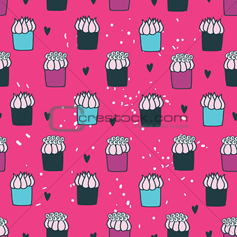 Colorful hand drawn Seamless background pattern with delicious dessert cupcakes