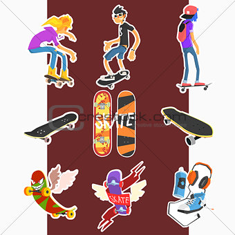 Skateboard People and Accessories. Vector Illustration