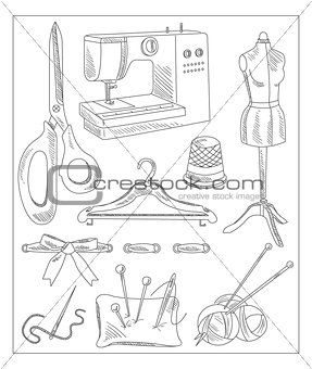 Sewing Accessories in Handdrawn Style. Vector Illustration