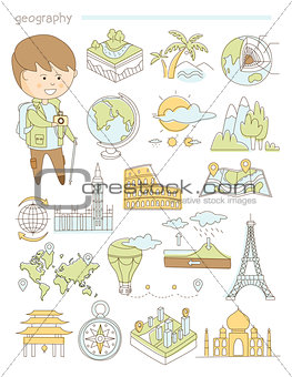 Geography and travel, teacher geographer Doodle style icons big set vector