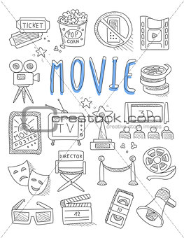 Cinema doodles set of hand drawn  vector