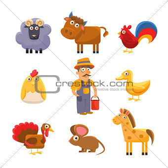 Farm Animal Collection. Colourful Vector Illustration Set