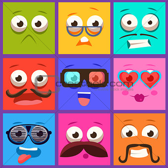 Cartoon Faces with Emotions and Mustache. Vector Set