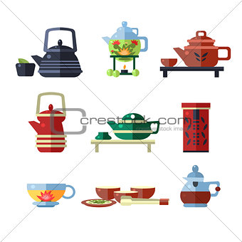 Tea Cup and Kettle Set. Flat Vector Illustration