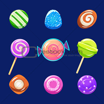 Colorful Glossy Candies with Sparkles. Vector Illustration Set