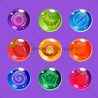 Bright Colorful Glossy Candies with Sparkles for Games. Vector Illustration Set