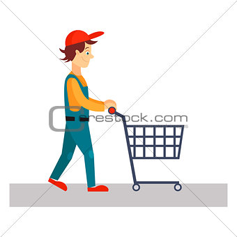 Delivery Man with Empty Cart, Vector Illustration