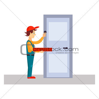 Delivery Man Knocking at Door, Vector Illustration
