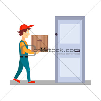 Delivery Man at Door with a Box, Vector Illustration