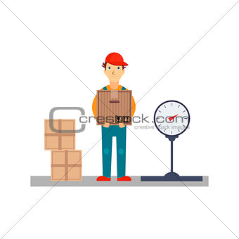 Delivery Man with Boxes and Scales, Vector Illustration