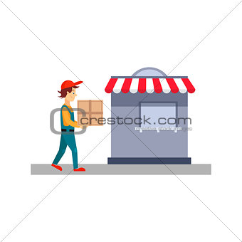 Delivery Man With a Cardboard Box, Vector Illustration