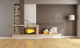 Brown lounge with fireplace