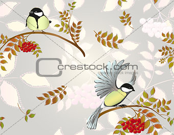Seamless autumn background with leaves, rowan and birds. EPS10 vector illustration
