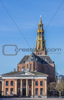 Market square with grain exchange and church in Groningen