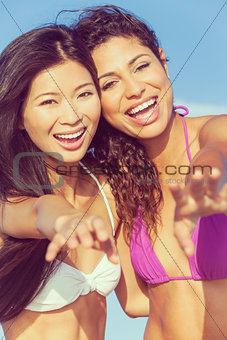 Beautiful Bikini Women Girls Laughing At Beach