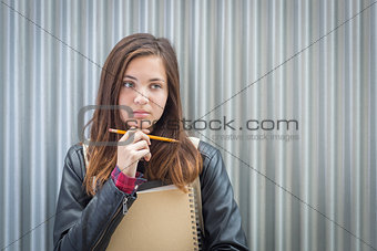 Young Melancholy Female Student With Books Looking to the Side