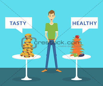 Thin man standing between tasty burgers and healthy carrots choosing what better for him
