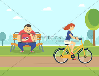 Happy fat man eating chocolate in the park and looking at pretty woman riding a bicycle