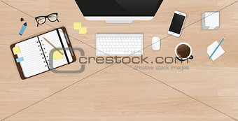 Realistic work desk organization top view with textured table