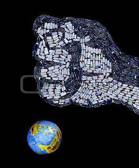 Fist made of plastic bottles crushing the planet