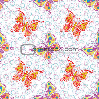 Seamless pattern, outline colorful butterflies