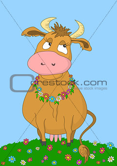 Cartoon cow on a meadow