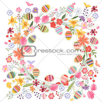 Easter frame with contour flowers and eggs on white