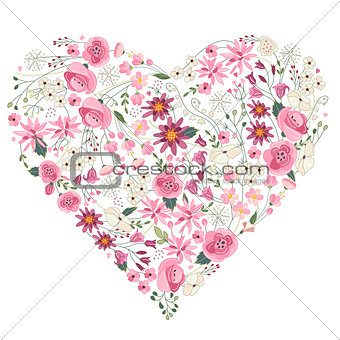 Summer flowers - heart  with pink and red flowers on white