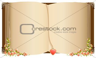 Old open book with bookmark in heart shape. Retro old book decorated with flowers