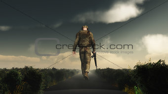 3D soldier walking with his head down