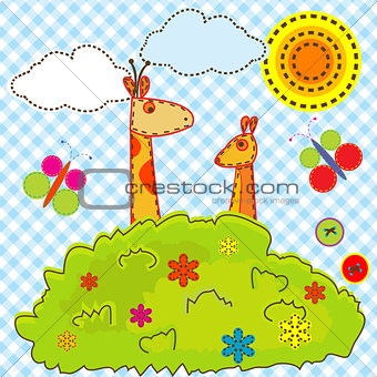 Cartoon background for kids with giraffe and kangaroo