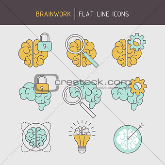 Flat line brainwork icons set