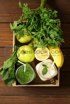 beverage with spinach, celery, pumpkin seeds and banana smoothie, detox and healthy food