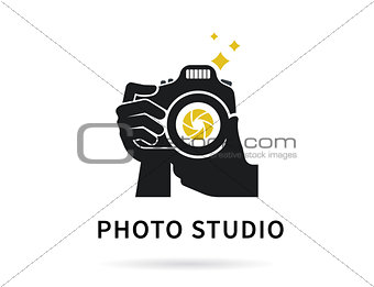 Photographer hands with camera flat illustration for icon or logo template