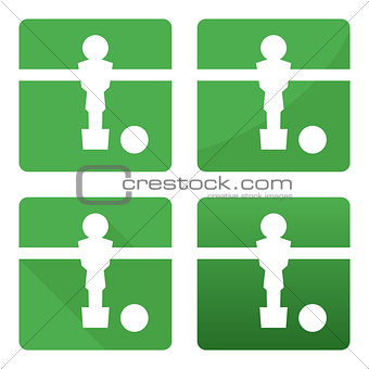 Soccer kicker table white football player and ball icon set on green background