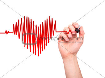 Closeup of hand drawing heart beat in heart shape with stethoscope