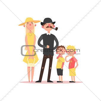 Family with Parents Wearing Hats. Vector Illustration