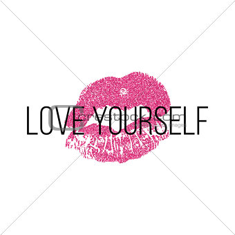 Poster with pink lips prints on white background.