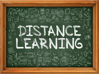 Hand Drawn Distance Learning on Green Chalkboard.