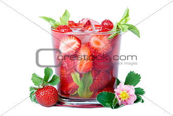 Refreshing glass of strawberry with mint and ice.