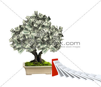 Money tree with dollar banknotes and domino effect