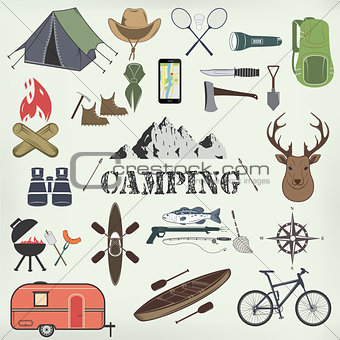 Set of camping equipment symbols and icons.