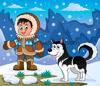 Inuit boy with Husky dog