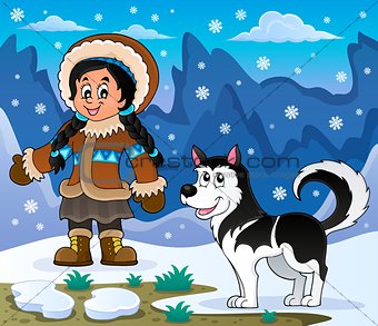Inuit girl with Husky dog