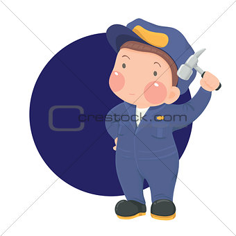 Service Worker in Work wear with Hammer on Blue Circle Background