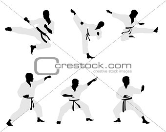 Six karateka silhouettes