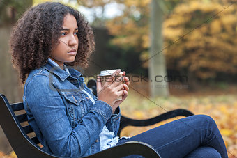 Sad African American Teenager Woman Drinking Coffee
