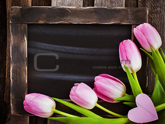 Fresh spring pink tulips on  black empty chalk board